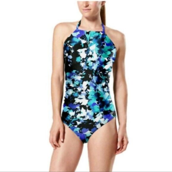 Speedo- Women's Halter Swimsuit Floral Print One-Piece, Size L - Picture 1 of 10